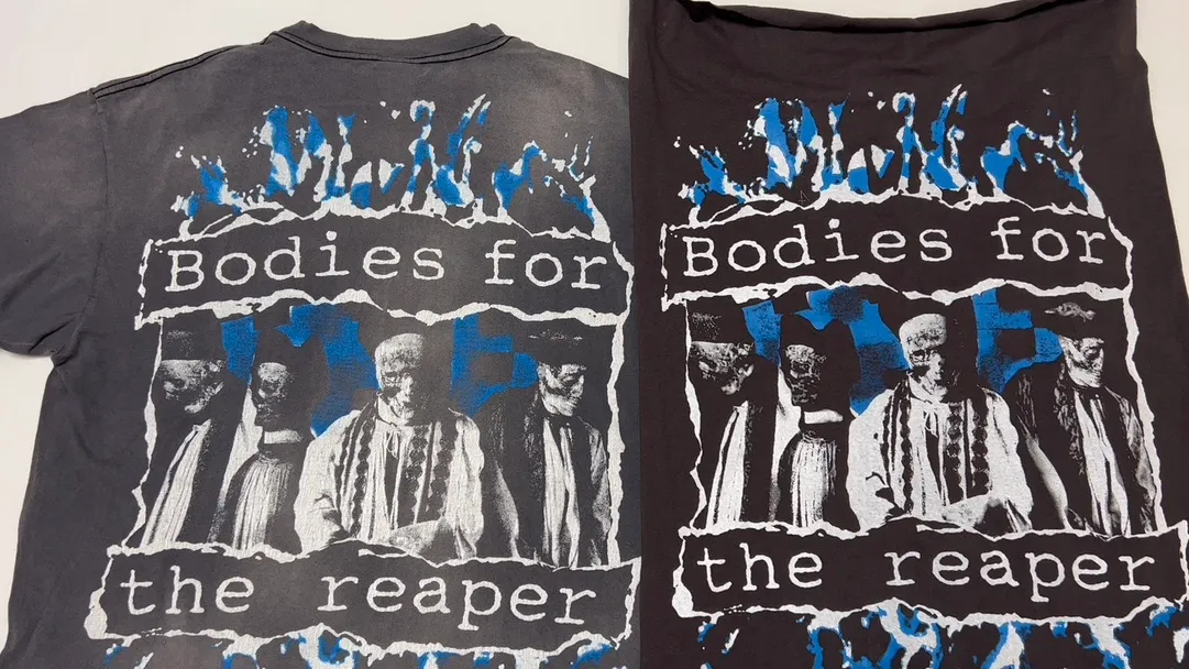 SAINT MICHAEL SS TEE/B FOR REAPER Jesus Hell's Angels Washed and Distressed Short Sleeves Washed Black S-XL Garment Dyed Printed Washed and Distressed